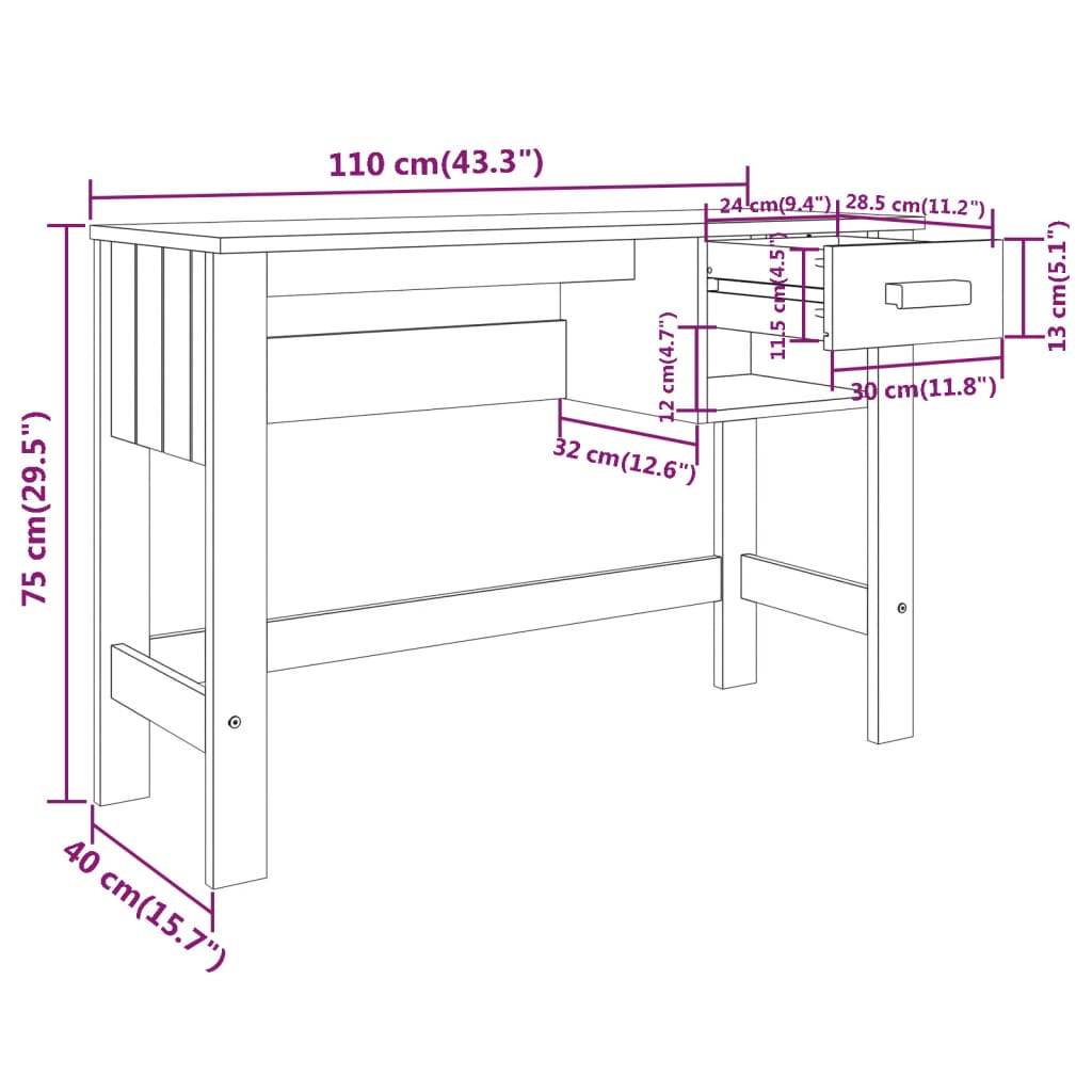 vidaXL Desk HAMAR Dark Grey 110x40x75 cm Solid Wood Pine