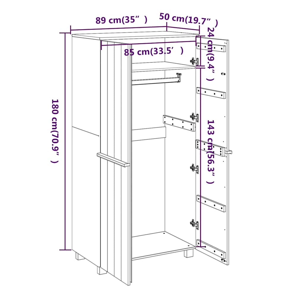 vidaXL Wardrobe "HAMAR" White 89x50x180 cm Solid Wood Pine