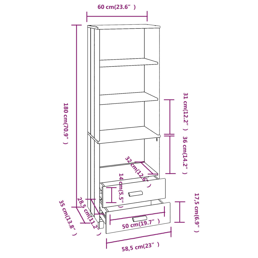 vidaXL Highboard HAMAR White 60x35x180 cm Solid Wood Pine