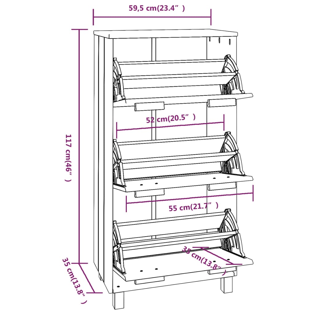 vidaXL Shoe Cabinet HAMAR Light Grey 59.5x35x117 cm Solid Wood Pine