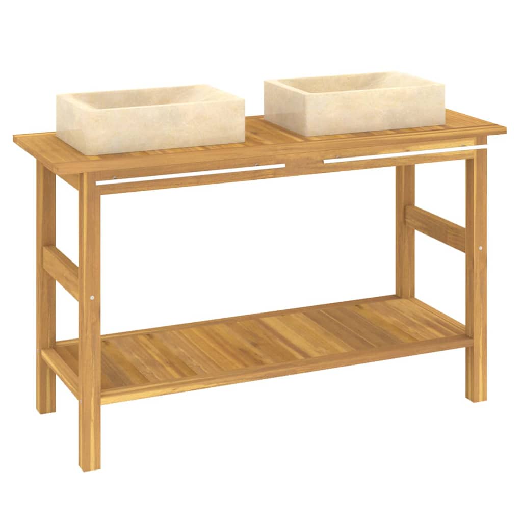 vidaXL Bathroom Vanity Cabinet with Cream Marble Sinks Solid Wood Teak