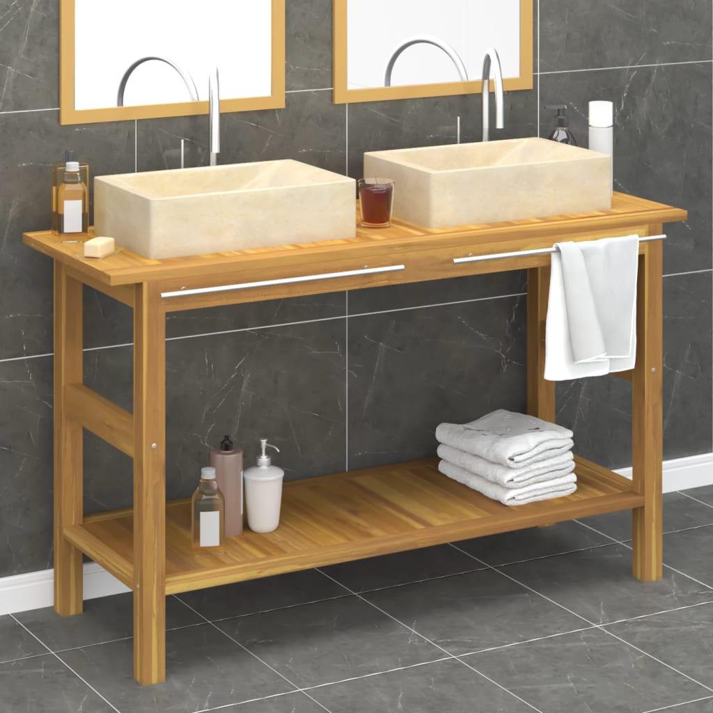 vidaXL Bathroom Vanity Cabinet with Cream Marble Sinks Solid Wood Teak