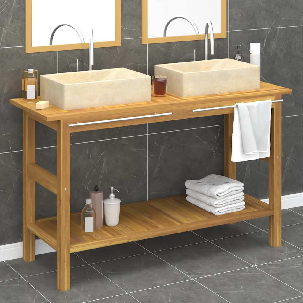 vidaXL Bathroom Vanity Cabinet with Cream Marble Sinks Solid Wood Teak