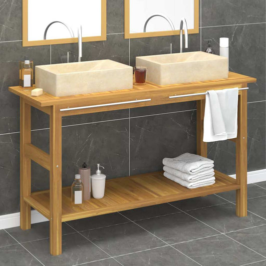 vidaXL Bathroom Vanity Cabinet with Cream Marble Sinks Solid Wood Teak