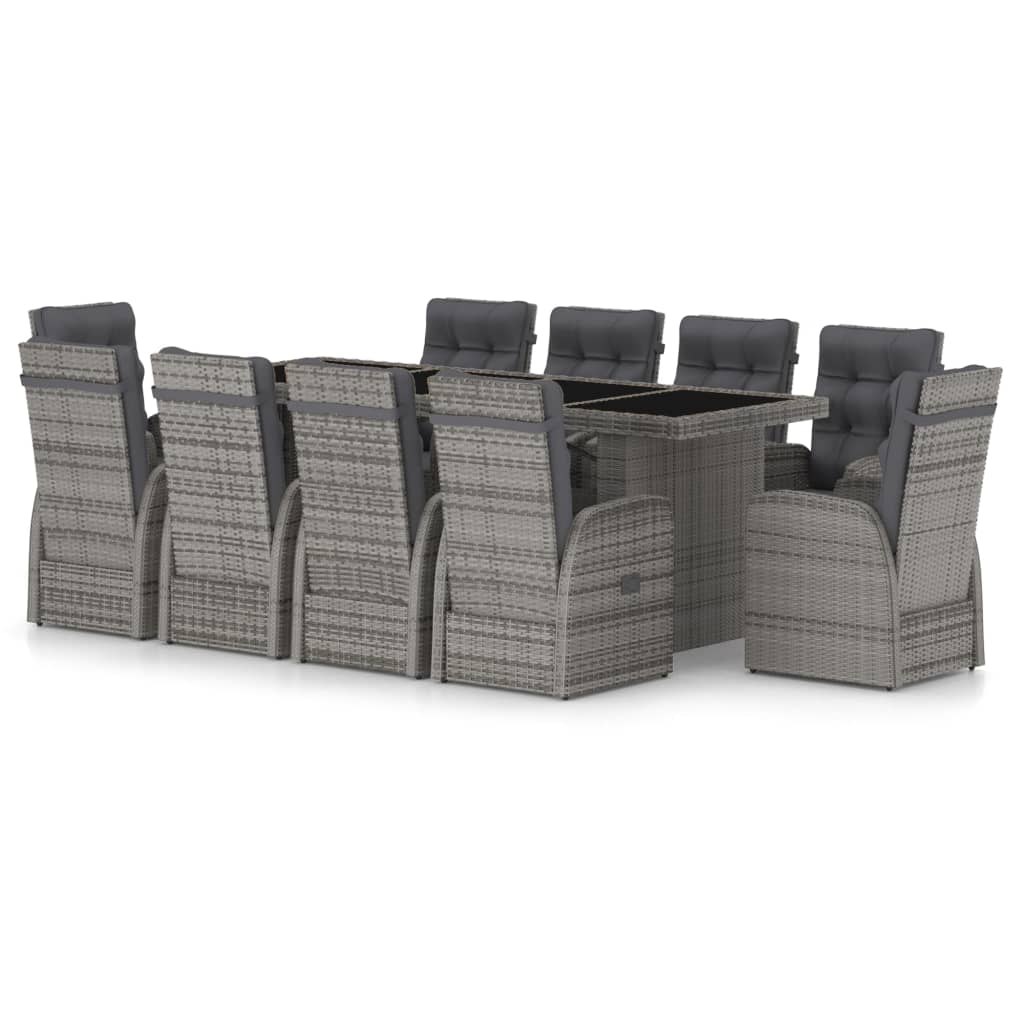 vidaXL 11 Piece Garden Dining Set with Cushions Grey Poly Rattan