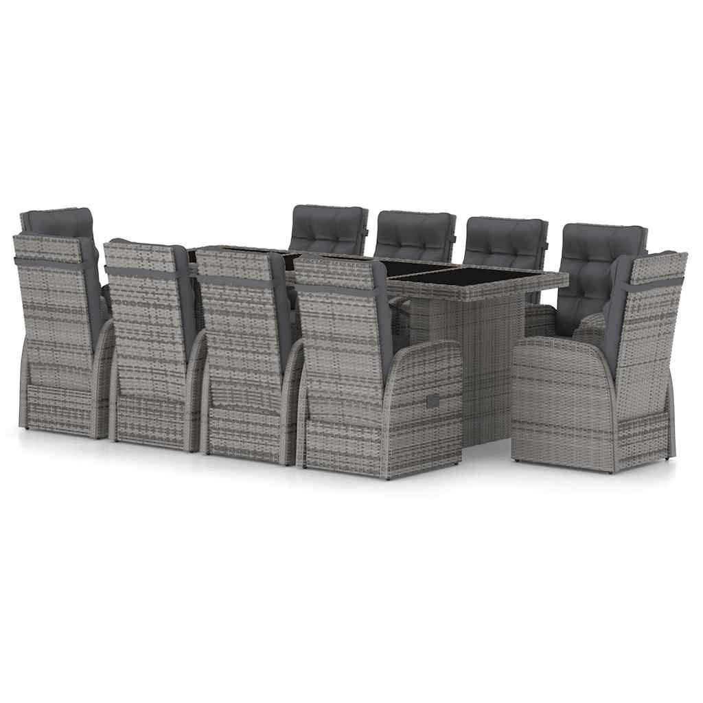vidaXL 11 Piece Garden Dining Set with Cushions Grey Poly Rattan