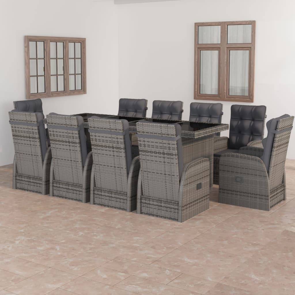 vidaXL 11 Piece Garden Dining Set with Cushions Grey Poly Rattan