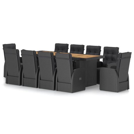vidaXL 11 Piece Garden Dining Set with Cushions Black Poly Rattan