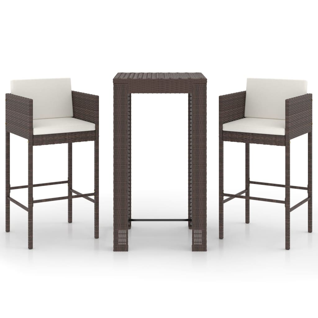 vidaXL 3 Piece Garden Bar Set with Cushions Poly Rattan Brown