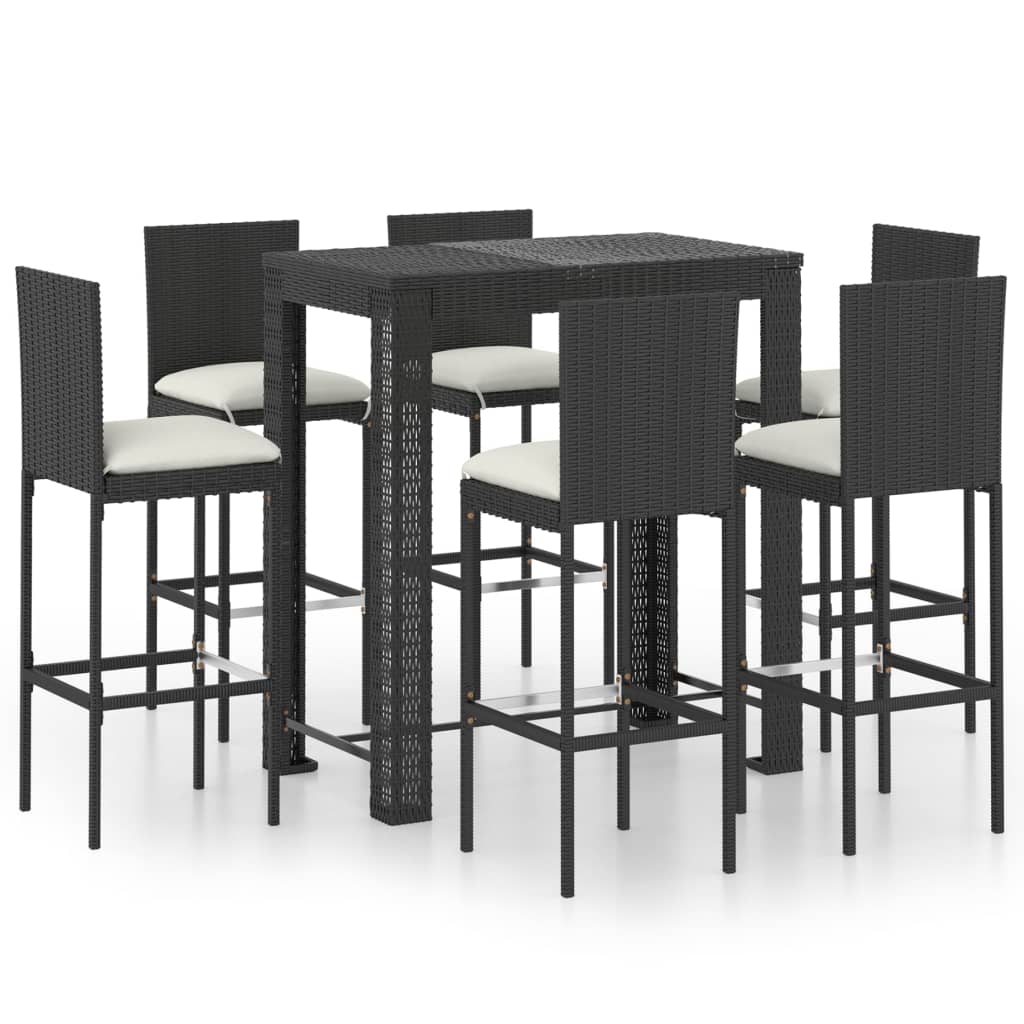 vidaXL 7 Piece Garden Bar Set with Cushions Poly Rattan Black