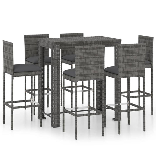 vidaXL 7 Piece Garden Bar Set with Cushions Poly Rattan Grey