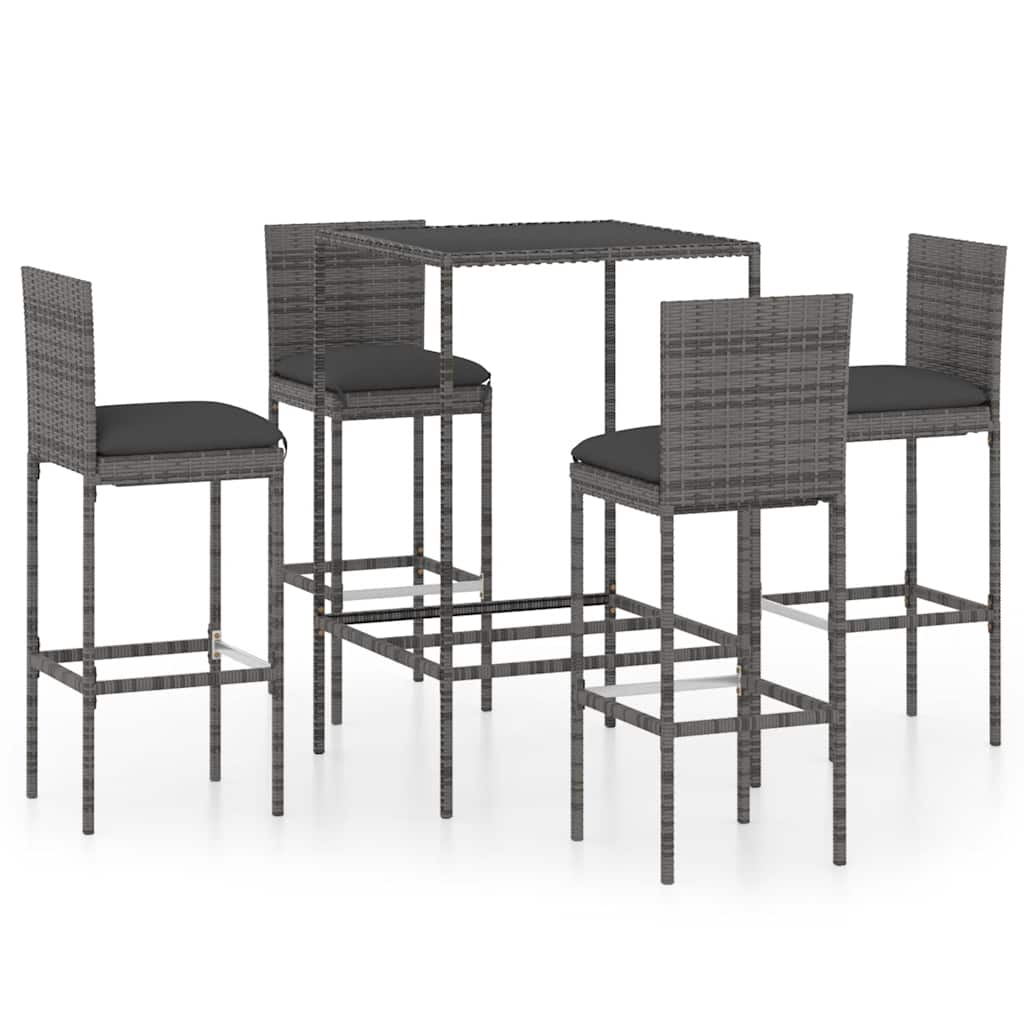 vidaXL 5 Piece Garden Bar Set with Cushions Poly Rattan Grey