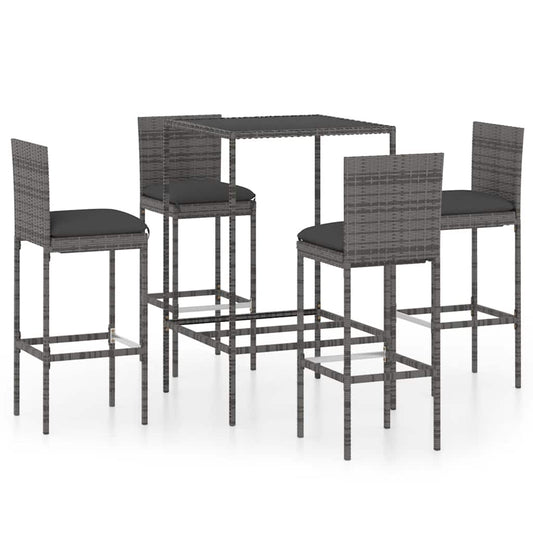 vidaXL 5 Piece Garden Bar Set with Cushions Poly Rattan Grey