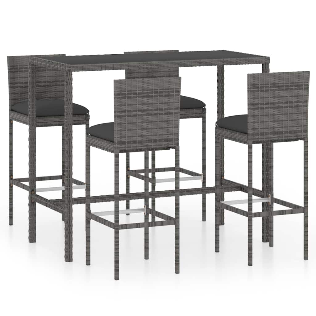 vidaXL 5 Piece Garden Bar Set with Cushions Poly Rattan Grey