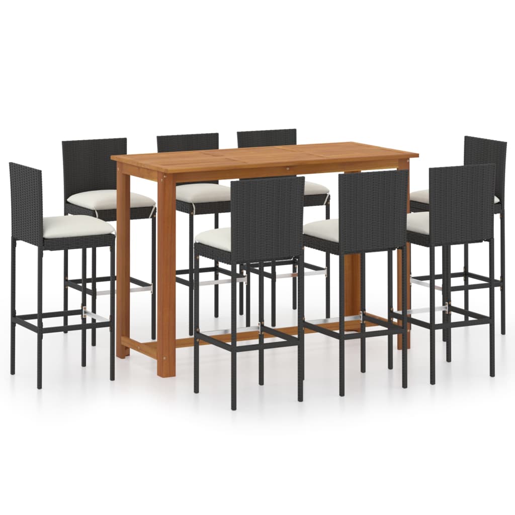 vidaXL 9 Piece Garden Bar Set with Cushions Poly Rattan Black