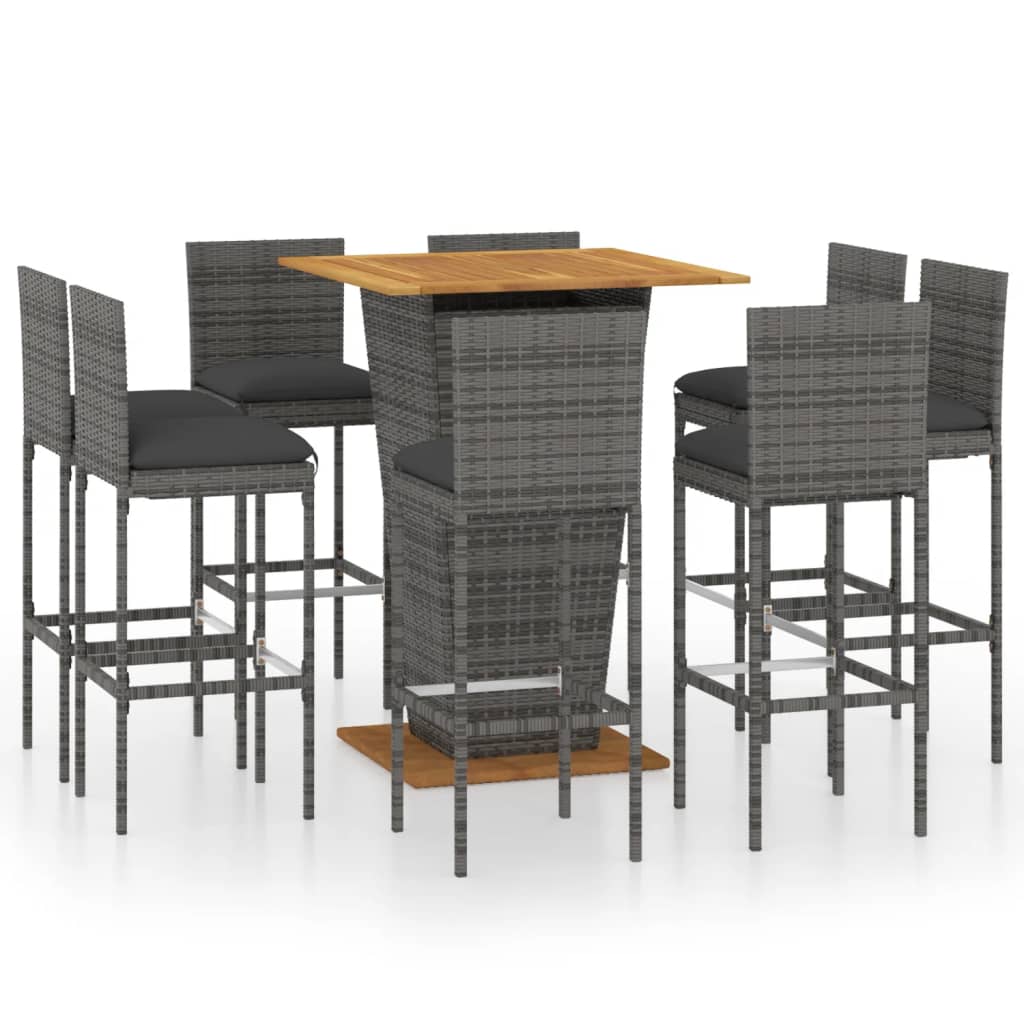 vidaXL 9 Piece Garden Bar Set with Cushions Poly Rattan Grey