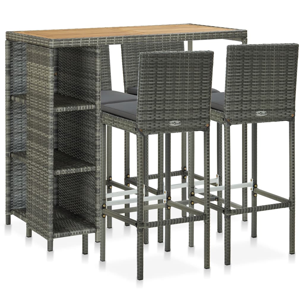 vidaXL 5 Piece Garden Bar Set with Cushions Poly Rattan Grey