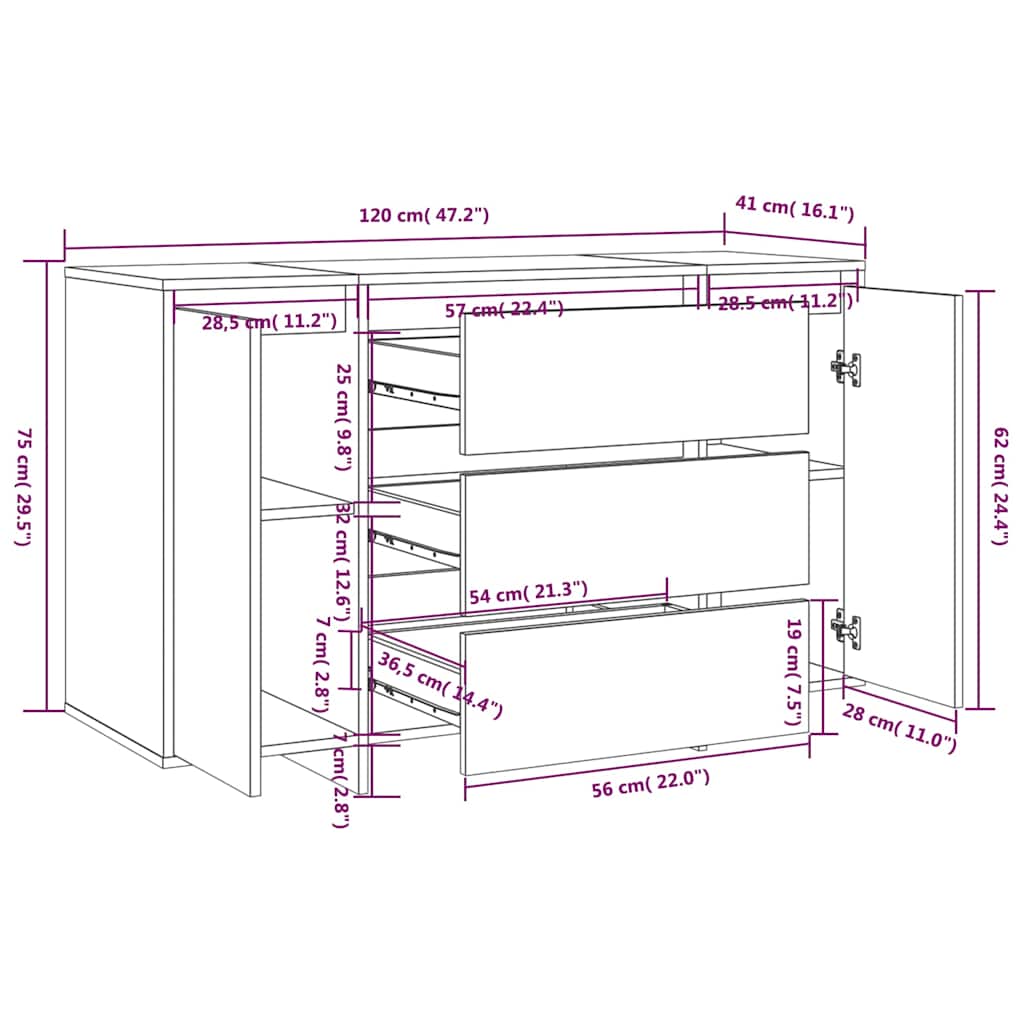vidaXL Sideboard with 3 Drawers High Gloss White 120x41x75 cm