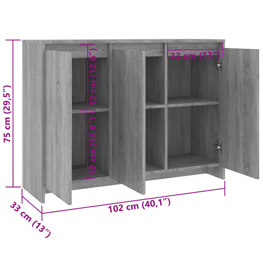 vidaXL Sideboard Grey Sonoma 102x33x75 cm Engineered Wood