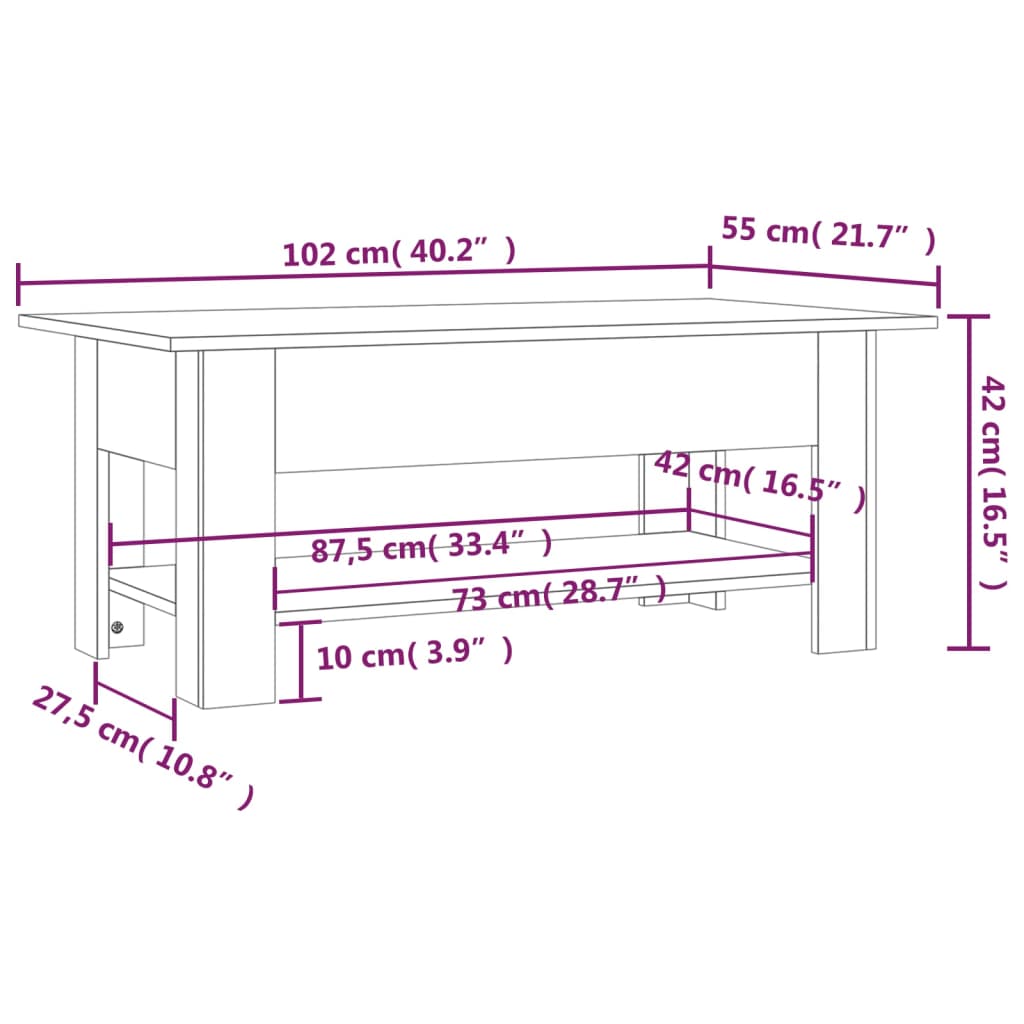 vidaXL Coffee Table Grey Sonoma 102x55x42 cm Engineered Wood