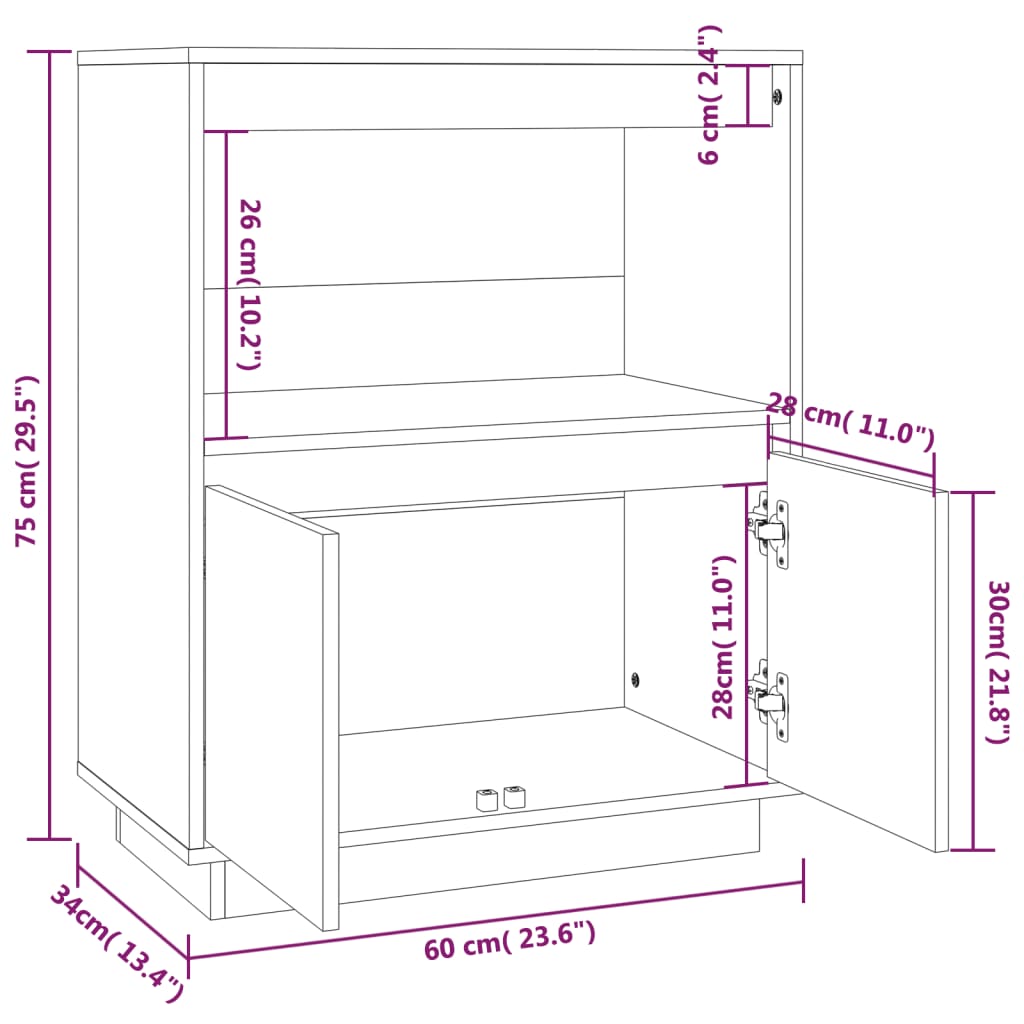 vidaXL Sideboard White 60x34x75 cm Solid Wood Pine