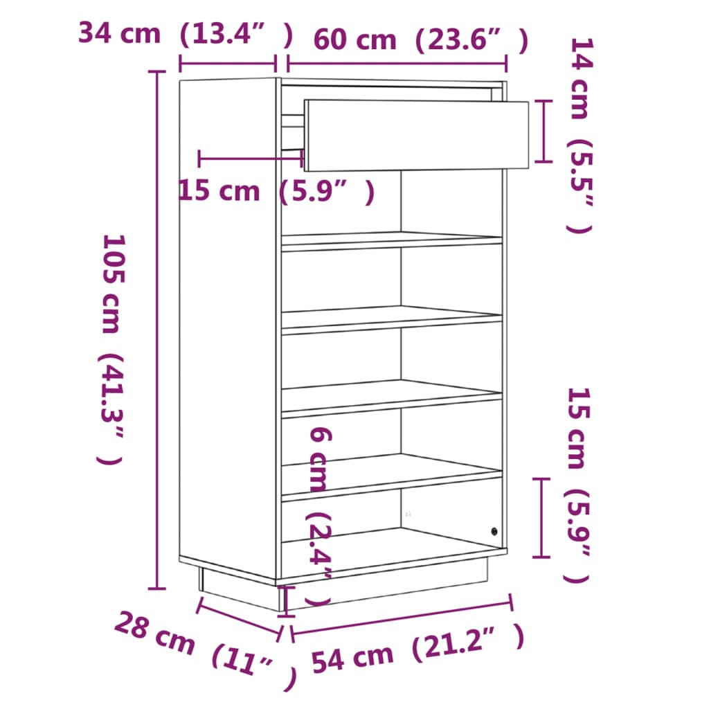 vidaXL Shoe Cabinet White 60x34x105 cm Solid Wood Pine