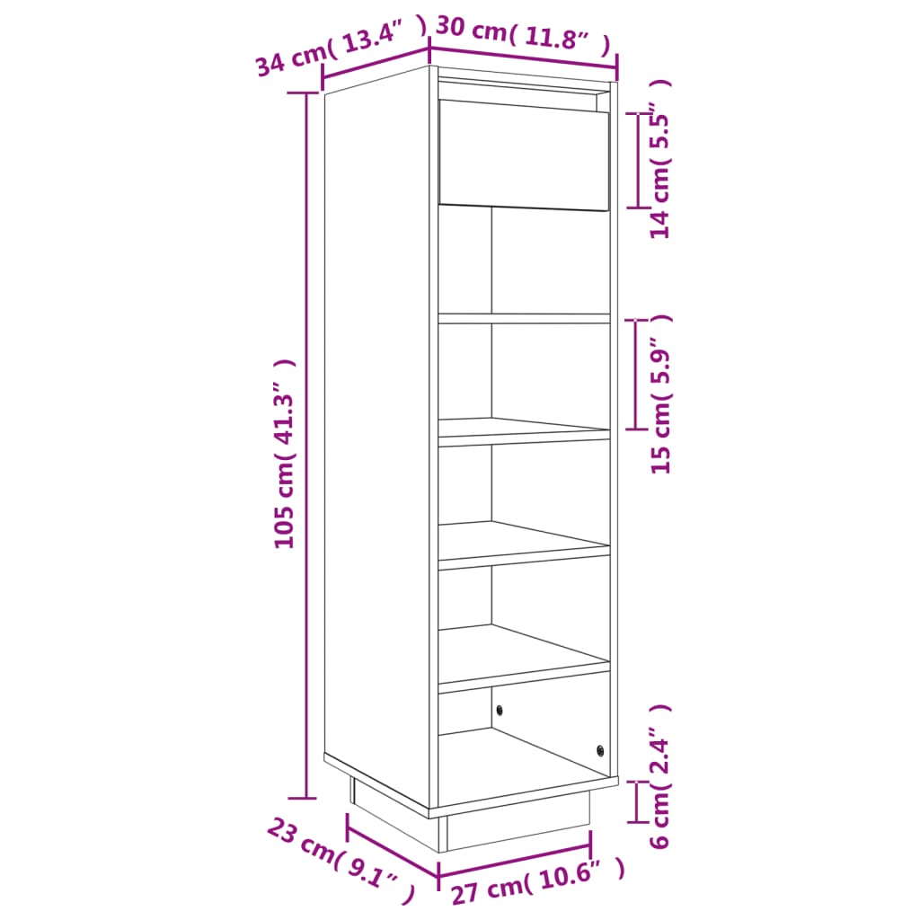 vidaXL Shoe Cabinet Black 30x34x105 cm Solid Wood Pine