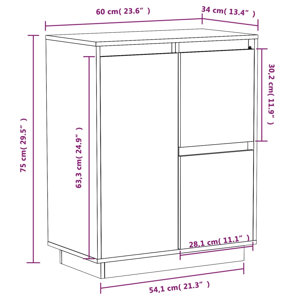 vidaXL Sideboard White 60x34x75 cm Solid Wood Pine
