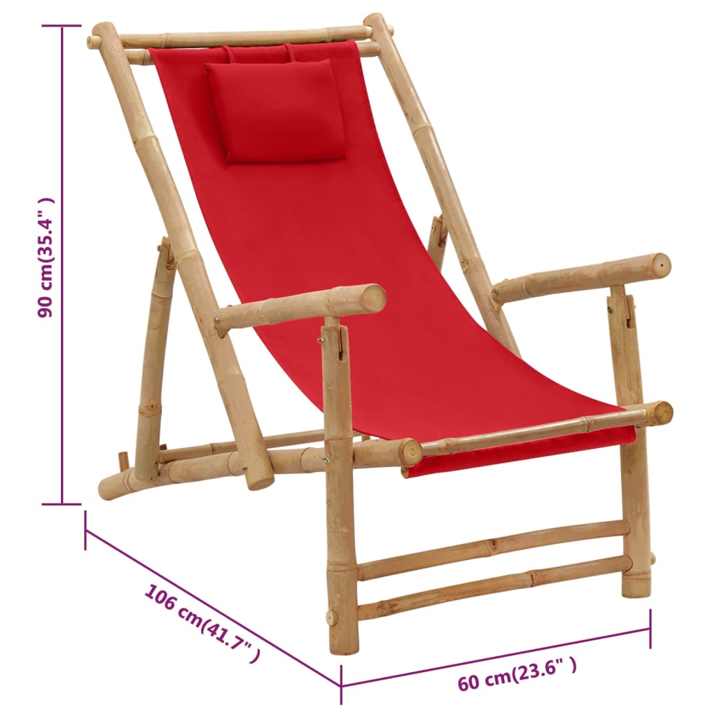 vidaXL Deck Chair | Red | Bamboo, Canvas (100% polyester) | Standard | Foldable