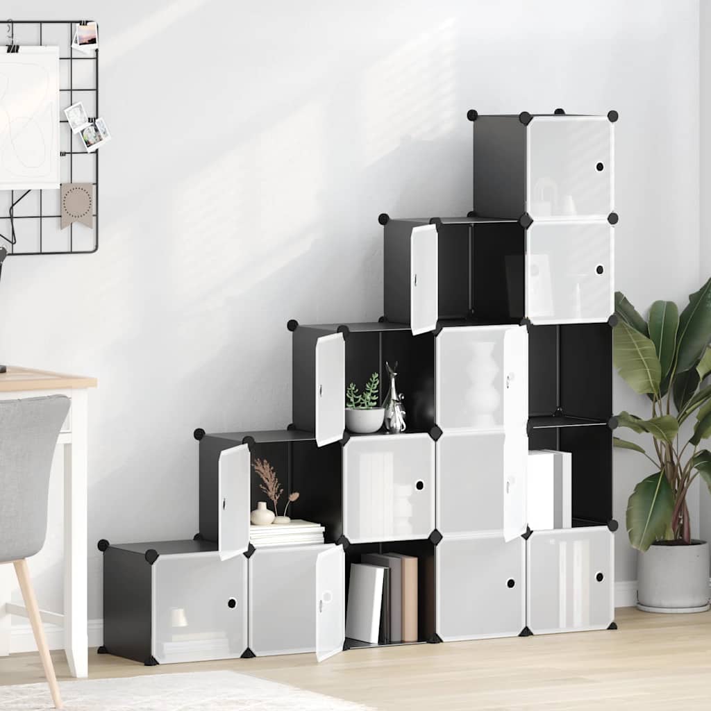vidaXL Storage Cube Organiser with 15 Cubes and Doors Black PP