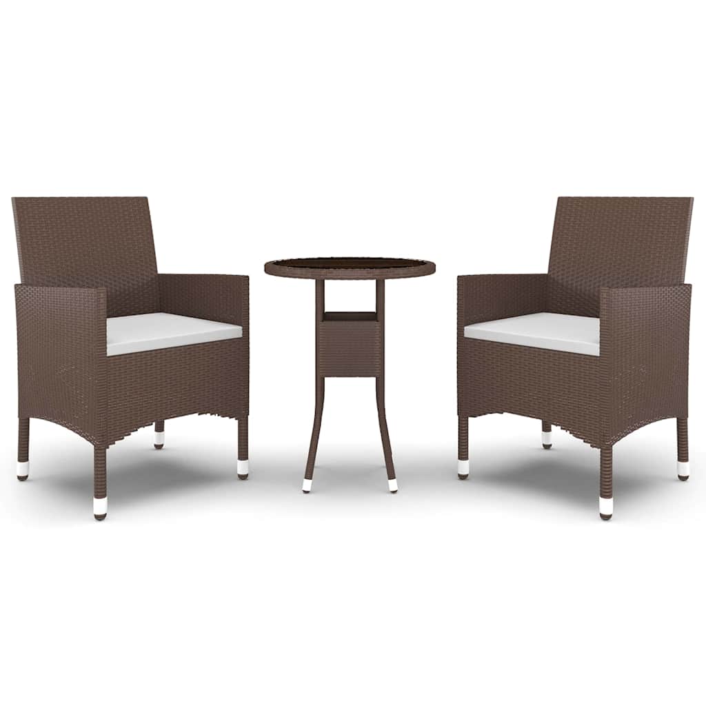 vidaXL 3 Piece Garden Bistro Set Poly Rattan and Tempered Glass Brown