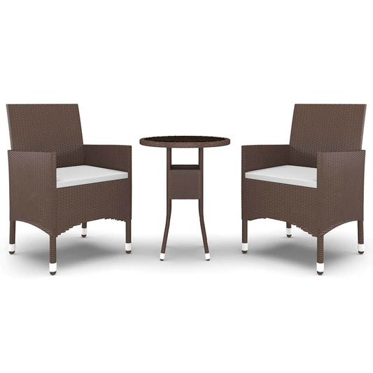 vidaXL 3 Piece Garden Bistro Set Poly Rattan and Tempered Glass Brown