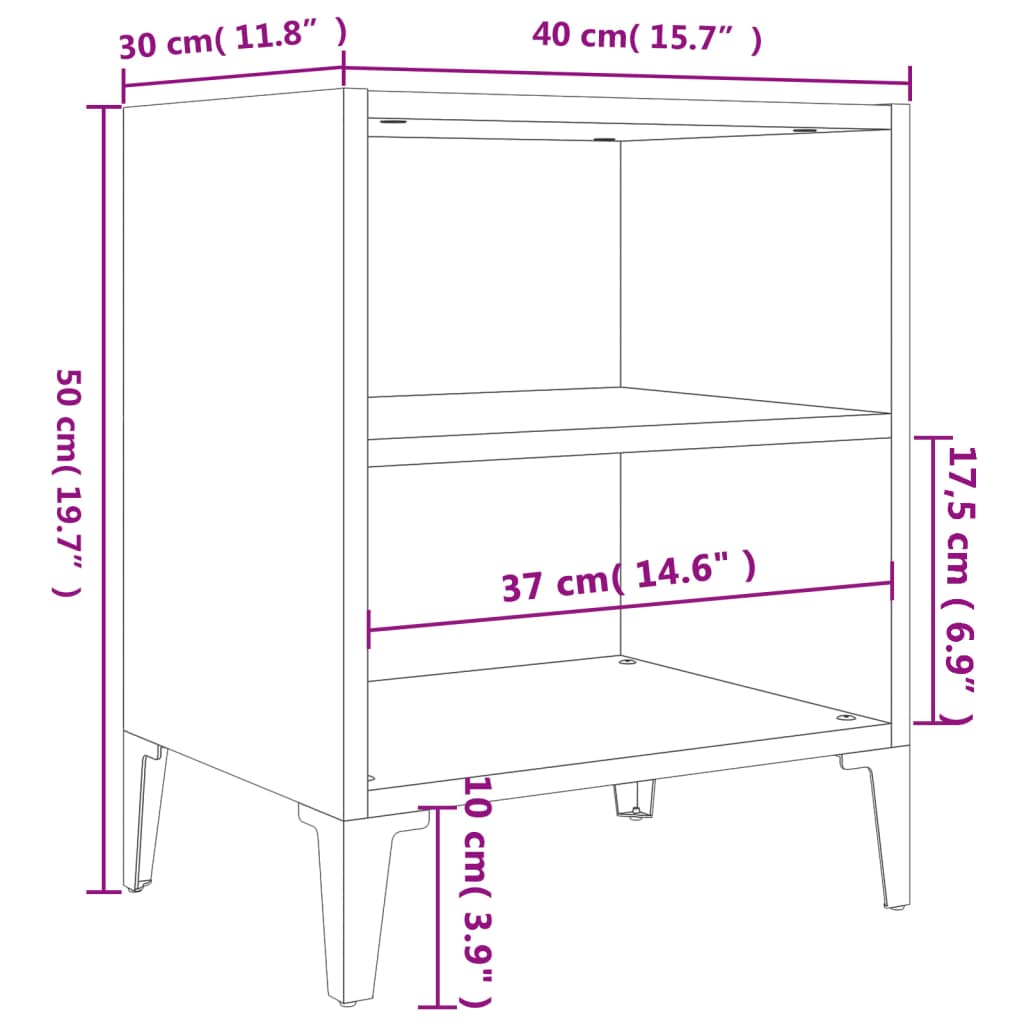 vidaXL Bed Cabinet with Metal Legs Grey Sonoma 40x30x50 cm