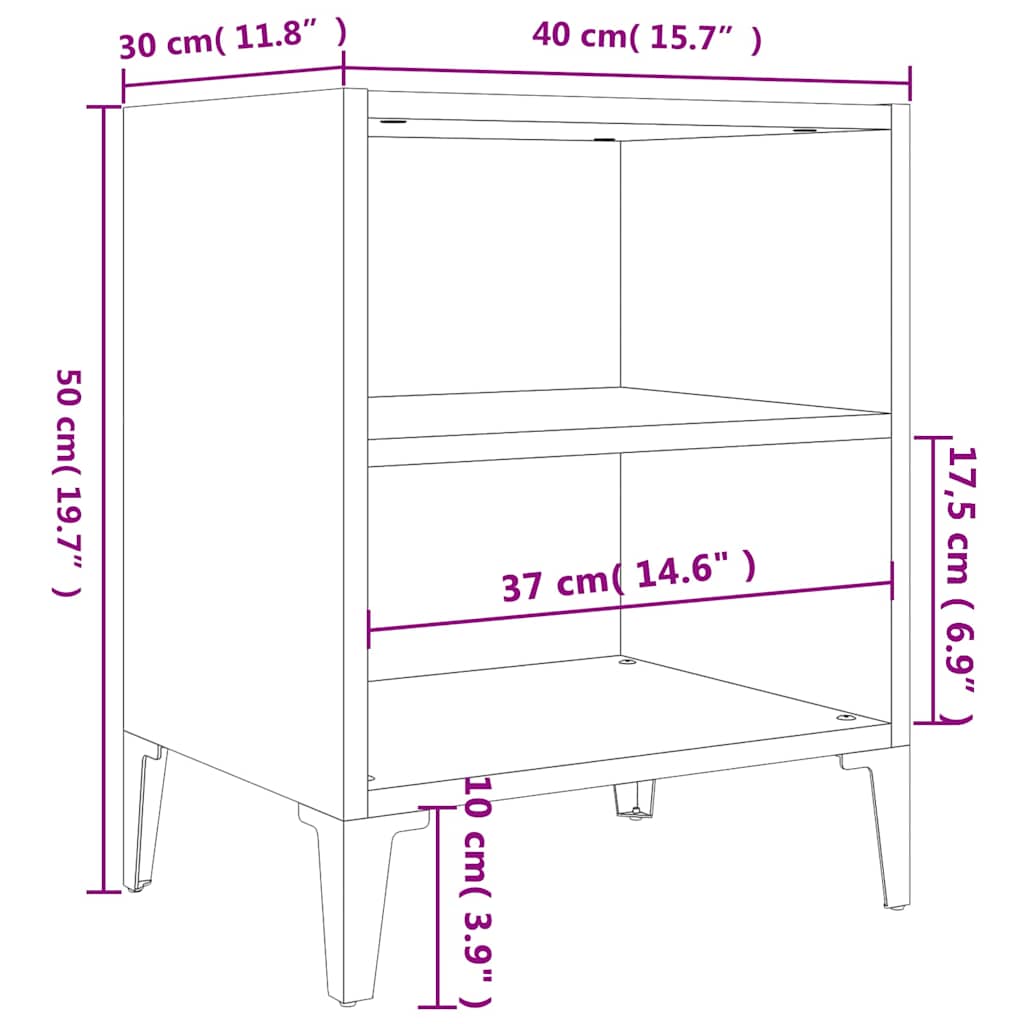 vidaXL Bed Cabinet with Metal Legs Grey Sonoma 40x30x50 cm