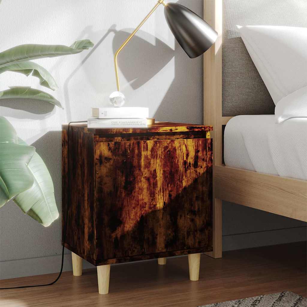 813110 vidaXL Bed Cabinet with Solid Wood Legs Smoked Oak 40x30x50 cm