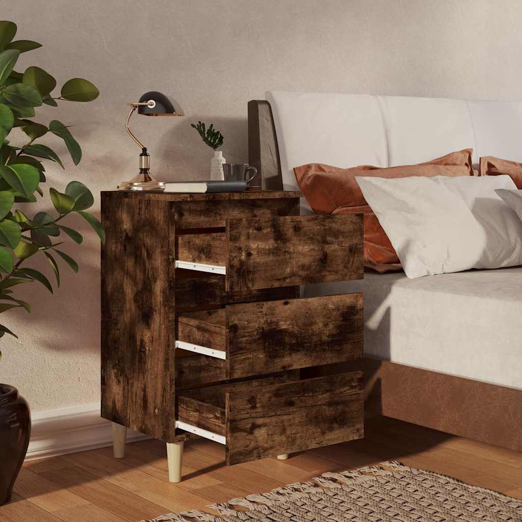 813135 vidaXL Bed Cabinets with Solid Wood Legs 2 pcs Smoked Oak 40x35x69 cm