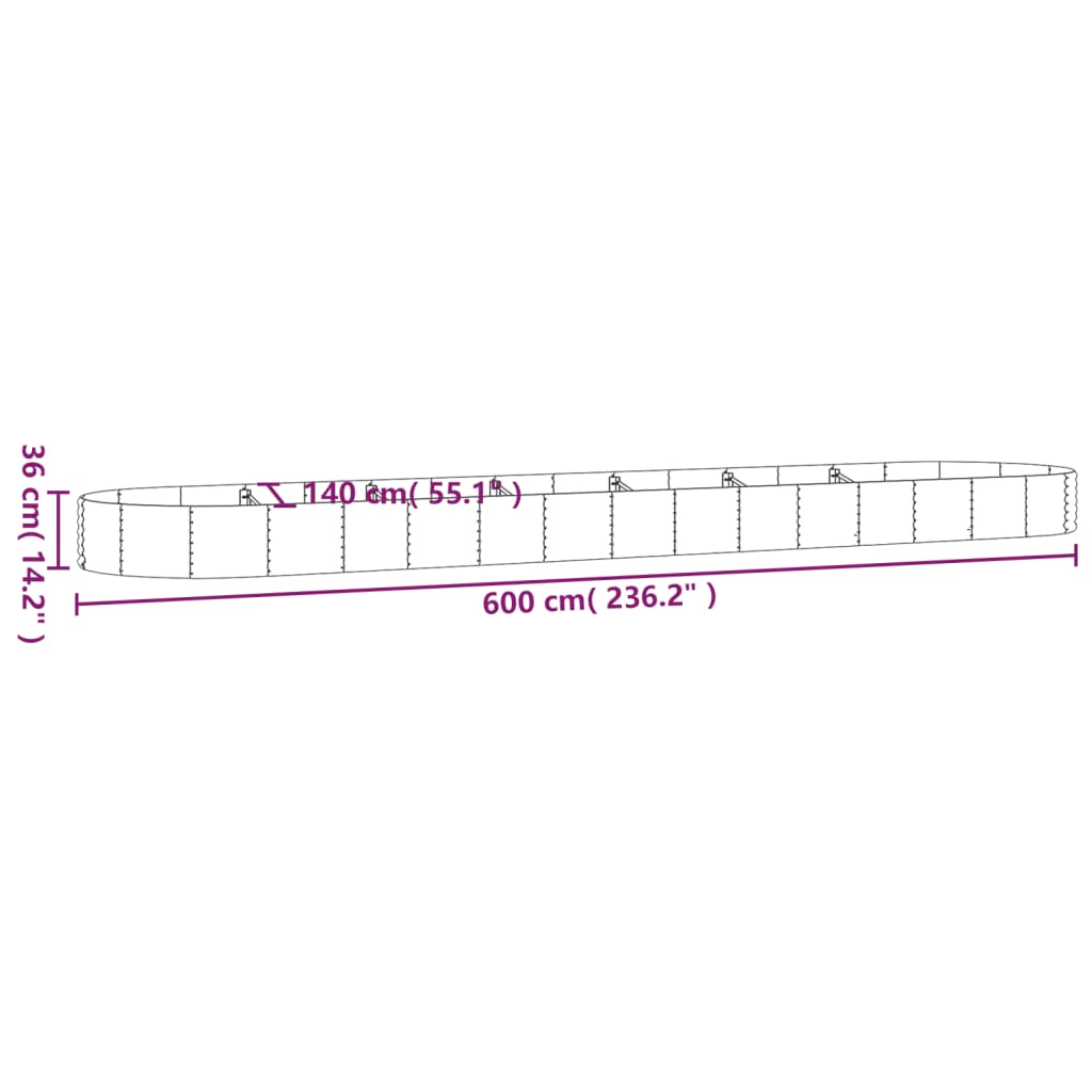 vidaXL Garden Raised Bed Galvanised Steel 600x140x36 cm Grey