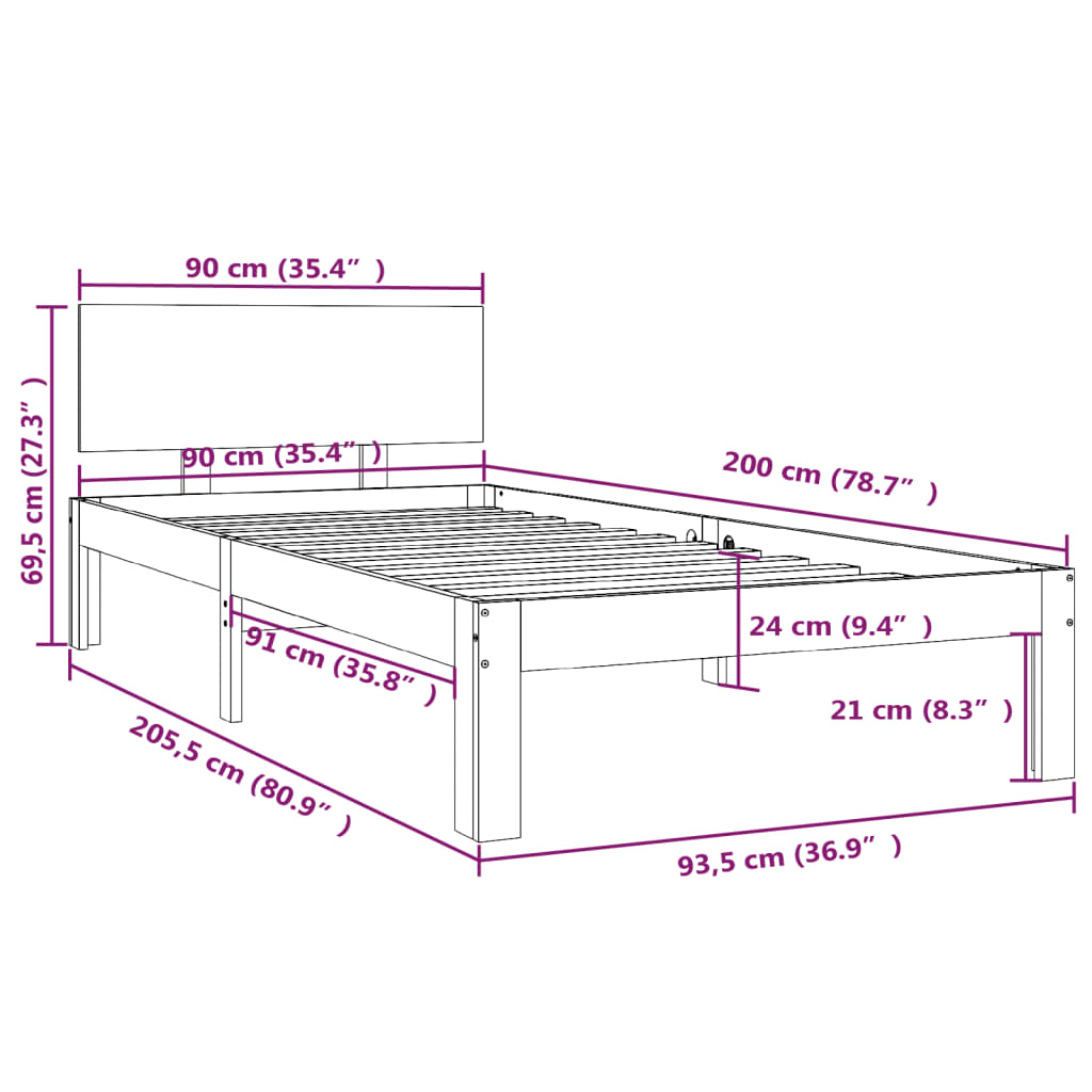 vidaXL Bed Frame without Mattress White Solid Wood Pine 90x200cm