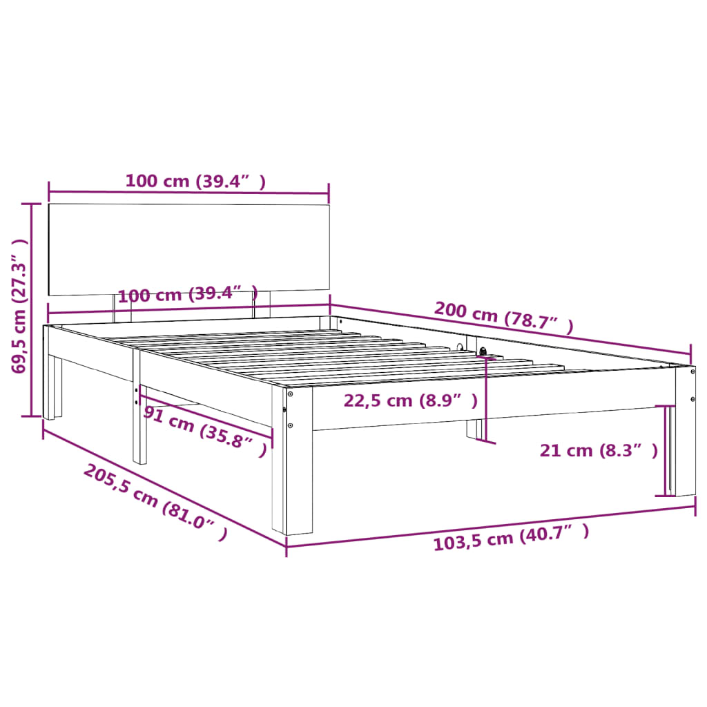 vidaXL Bed Frame without Mattress White Solid Wood Pine 100x200cm