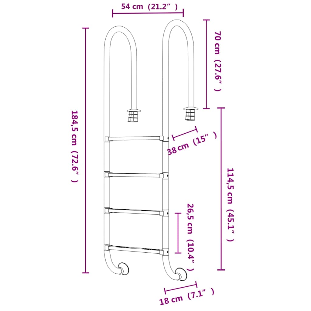 vidaXL Pool Ladder 54x38x184,5 cm 304 Stainless Steel