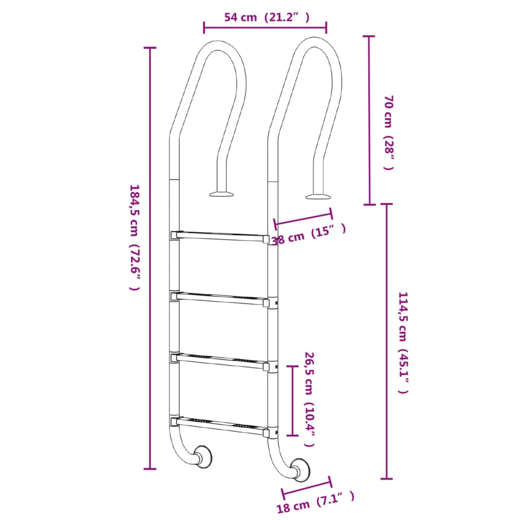 vidaXL Pool Ladder 54x38x184.5 cm 304 Stainless Steel
