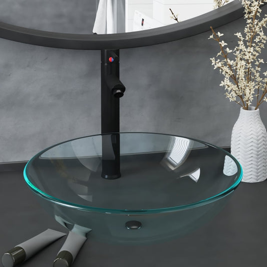 3098440 vidaXL Bathroom Sink with Tap and Push Drain Clear Tempered Glass (142229+149088+149061)