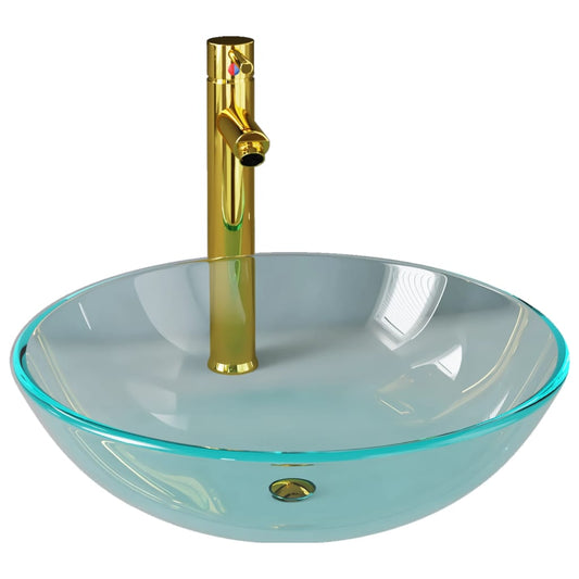 3098441 vidaXL Bathroom Sink with Tap and Push Drain Clear Tempered Glass (142229+149089+149062)