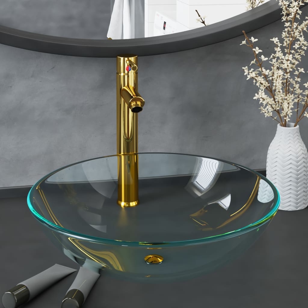 3098441 vidaXL Bathroom Sink with Tap and Push Drain Clear Tempered Glass (142229+149089+149062)
