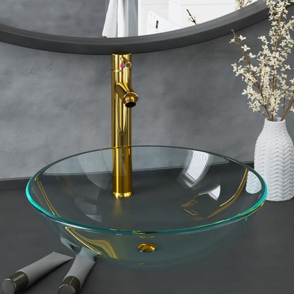 3098441 vidaXL Bathroom Sink with Tap and Push Drain Clear Tempered Glass (142229+149089+149062)