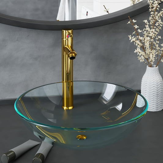3098441 vidaXL Bathroom Sink with Tap and Push Drain Clear Tempered Glass (142229+149089+149062)