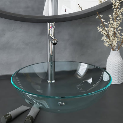 vidaXL Bathroom Sink with Tap and Push Drain Clear Tempered Glass