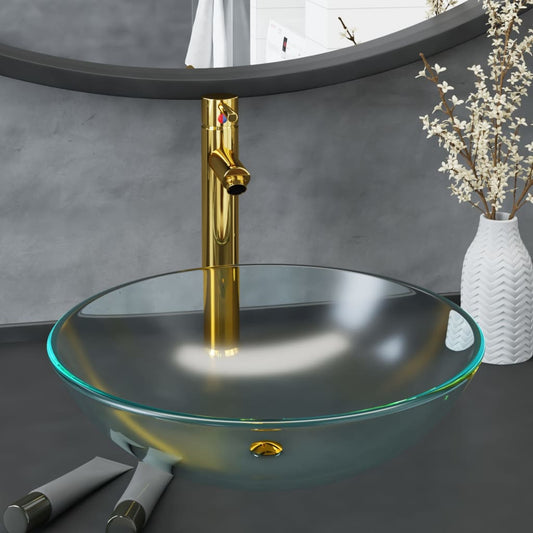 3098446 vidaXL Bathroom Sink with Tap and Push Drain Frosted Tempered Glass (142230+149089+149062)