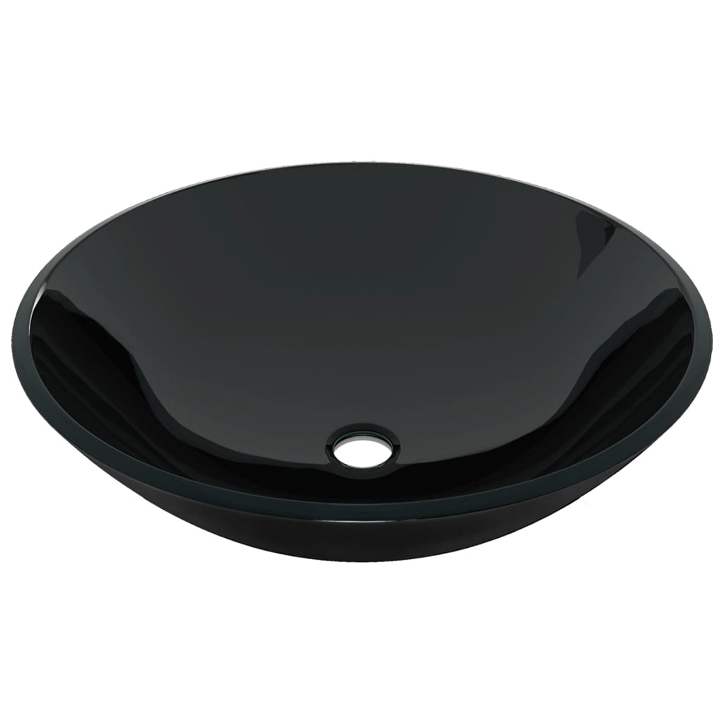 3098451 vidaXL Bathroom Sink with Tap and Push Drain Black Tempered Glass (142231+149089+149062)