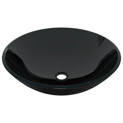 3098451 vidaXL Bathroom Sink with Tap and Push Drain Black Tempered Glass (142231+149089+149062)